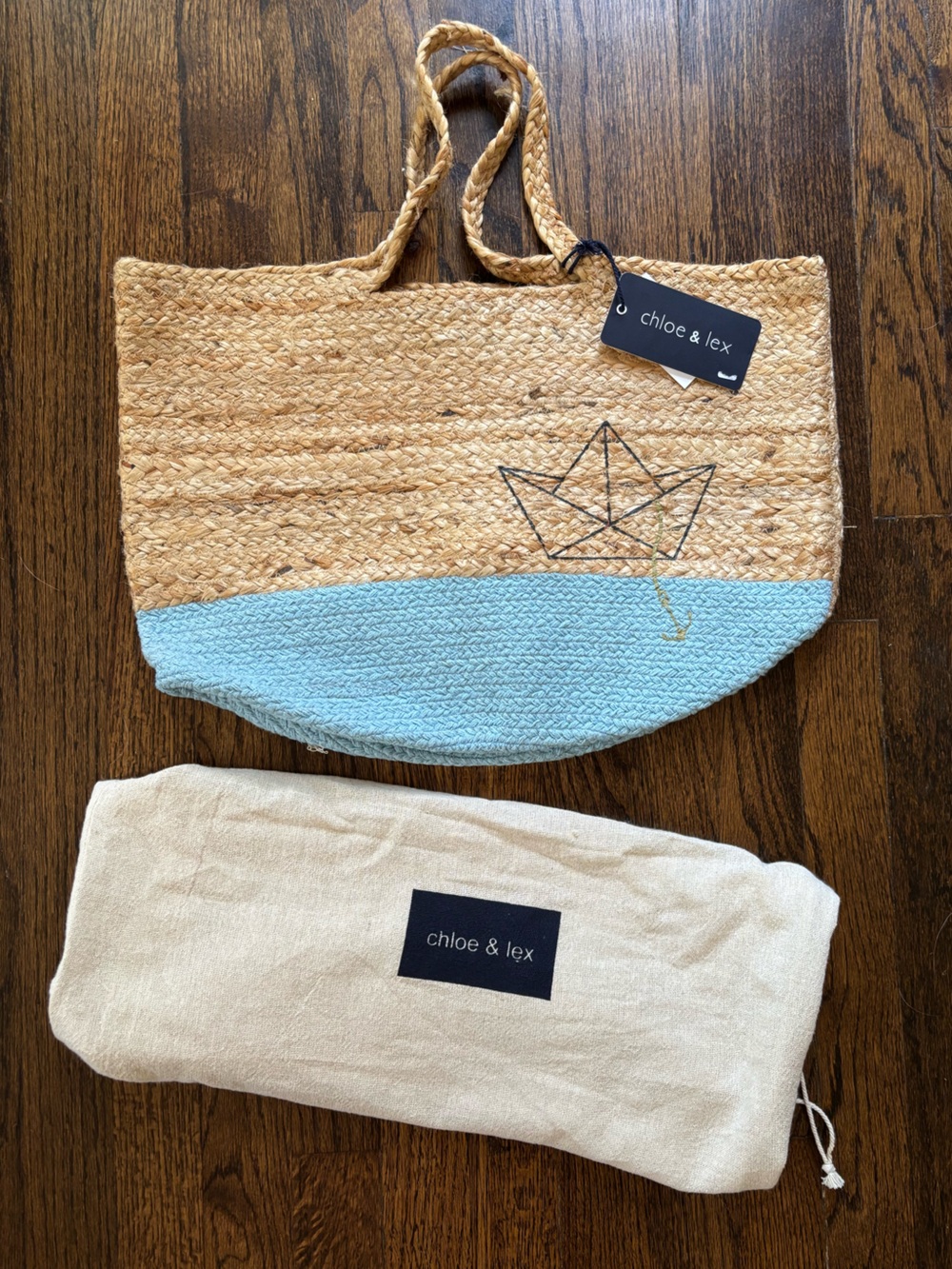chloe & lex Natural Straw Tote with Light Blue Base